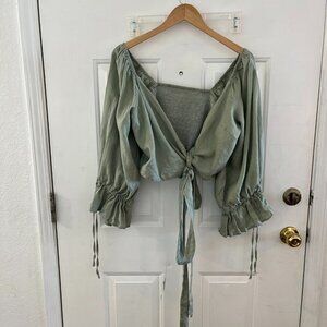 Aulieude Woman's Plus-Size Linen Green Puffy Sleeve Cropped Top Sz 20